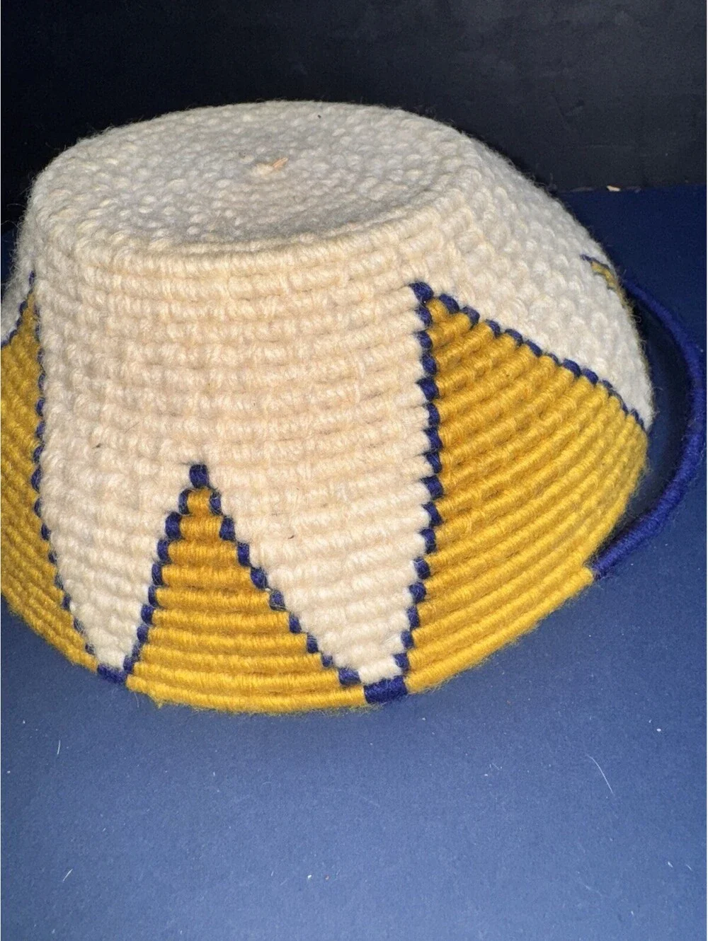 Handwoven African Wool Basket Blue Yellow White Starburst Design 9” Coiled Bowl